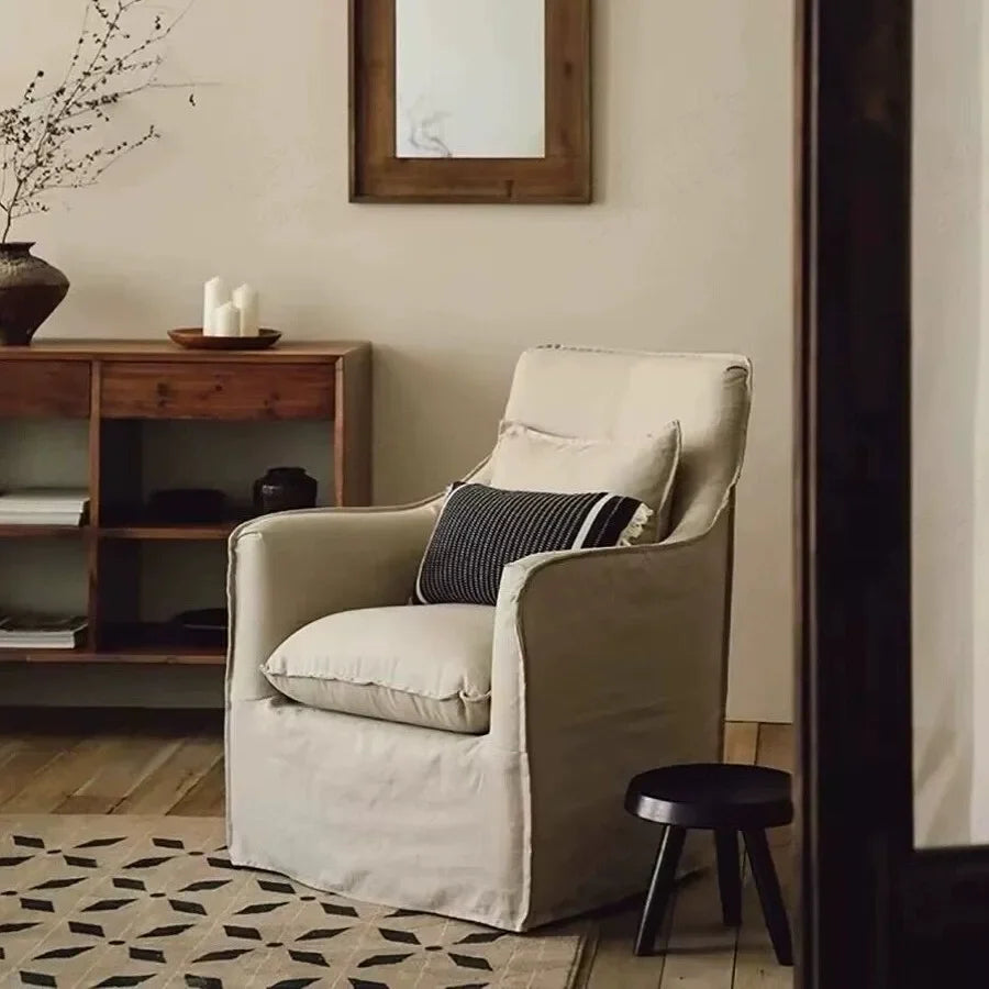 North American wabi style Japanese style white cream linen cotton and linen designer living room B & B straight