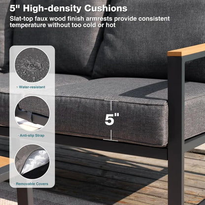 6 Pieces Outdoor Sectional Sofa Set Metal Patio Furniture Set,  with Side Table, L Shape Patio Conversation Set with Faux-Wood