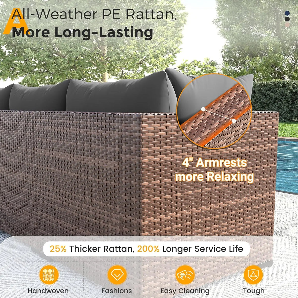 Furniture Set, 7 Piece Sectional Sofas with Wicker Coffee Table, Conversation for Garden, Backyard, Dark Grey, Customized