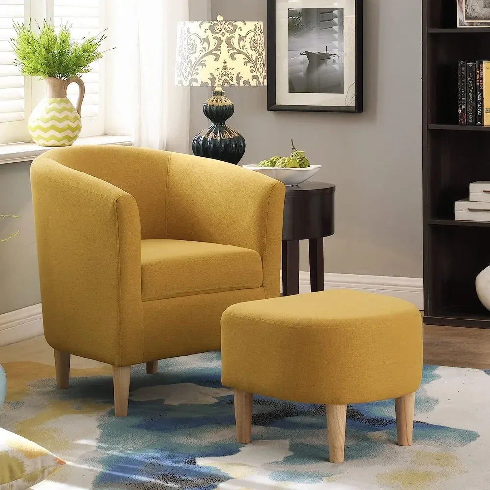 Accent Chair Set of 2, Upholstered Arm Chair Linen Fabric Single Sofa Chair with Ottoman Foot Rest Mustard Comfy Armchair