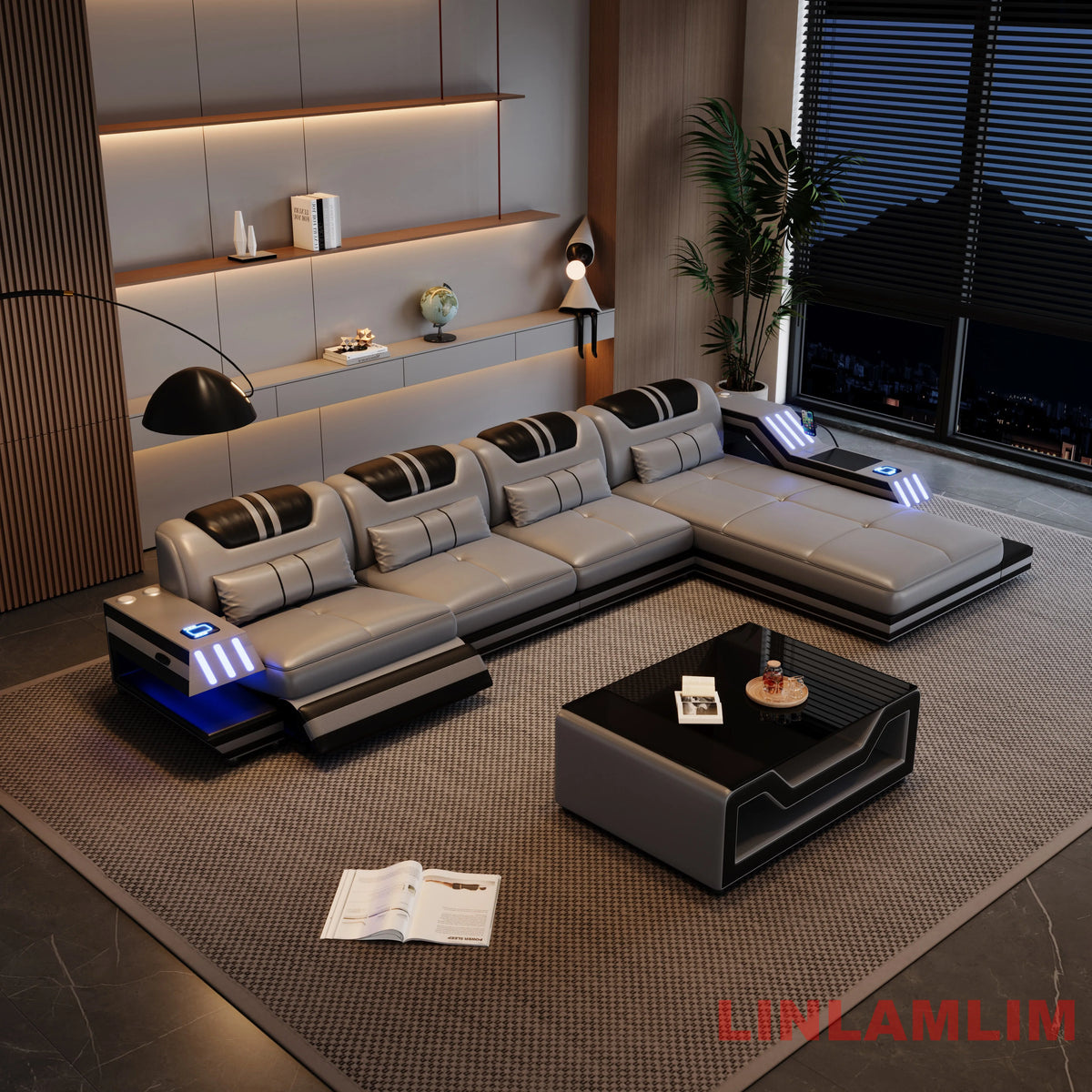 Convertible Genuine Leather Sectional Sofa Bed with Adjustable Headrests, Electric Recliners, Storage, Speakers, USB & LED Light