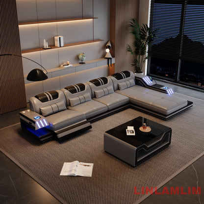 Convertible Genuine Leather Sectional Sofa Bed with Adjustable Headrests, Electric Recliners, Storage, Speakers, USB & LED Light