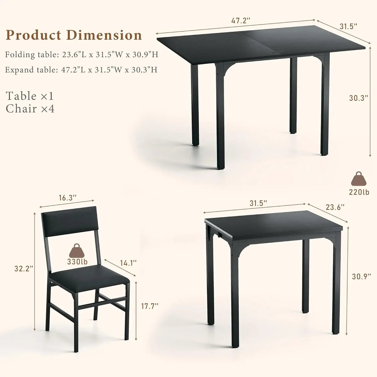 Dining Table Set for 4, Extendable Kitchen Table Cushion Chairs Set of 4, Rectangle Dining Table with Metal Frame & MDF Board