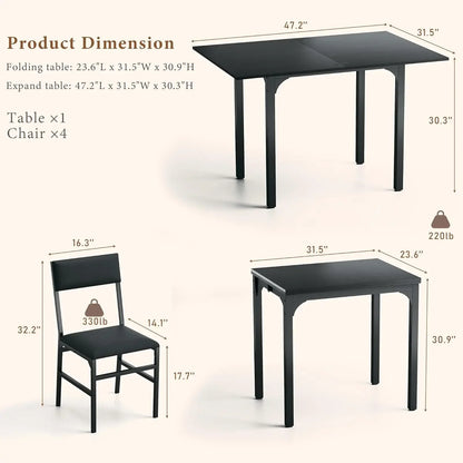 Dining Table Set for 4, Extendable Kitchen Table Cushion Chairs Set of 4, Rectangle Dining Table with Metal Frame & MDF Board