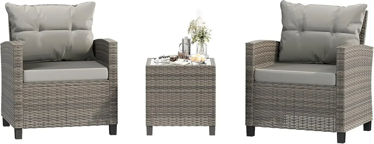 3 Pieces Patio Furniture Set 3 Pieces PE Rattan Wicker Chairs with Table Outdoor Furniture Brown Rattan with White Cushion