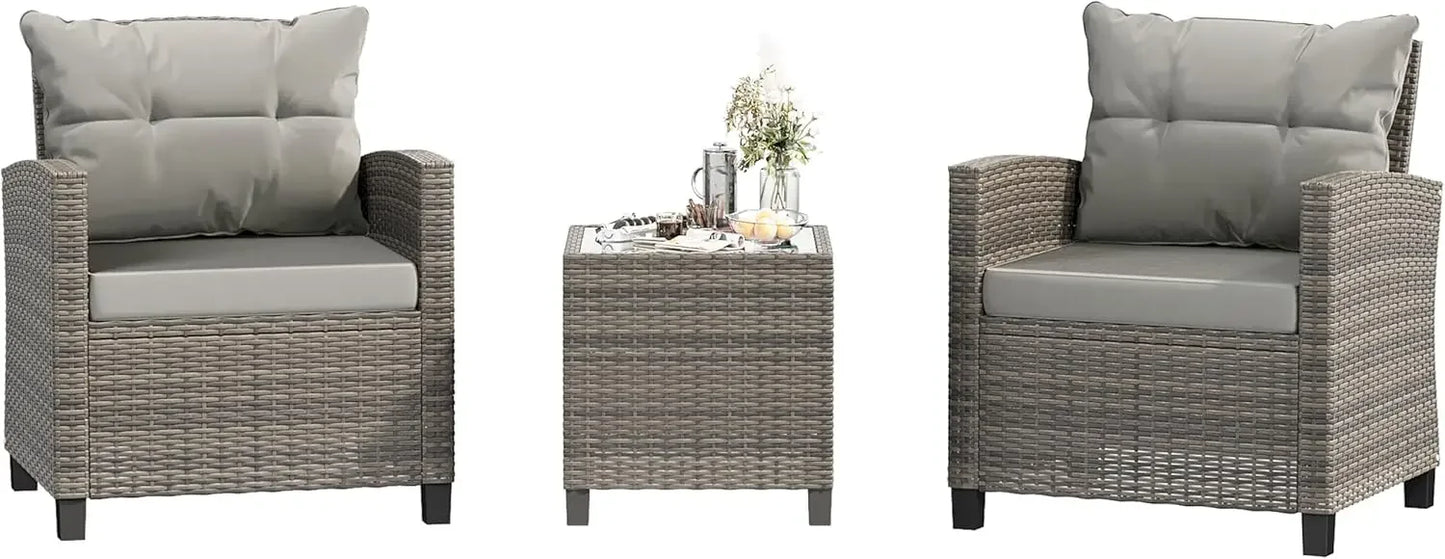 3 Pieces Patio Furniture Set 3 Pieces PE Rattan Wicker Chairs with Table Outdoor Furniture Brown Rattan with White Cushion
