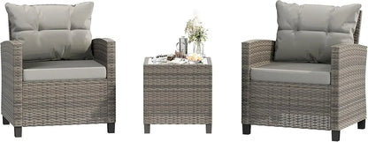 3 Pieces Patio Furniture Set 3 Pieces PE Rattan Wicker Chairs with Table Outdoor Furniture Brown Rattan with White Cushion