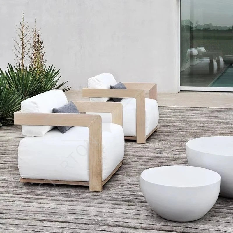Contemporary Style Comfortable Teak Wood Garden Furniture Set Modern Outdoor Patio Conversation Sofa with Fire Pit