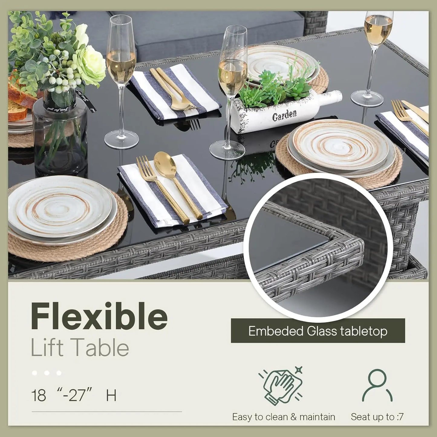 6pcs Grey PE Rattan Outdoor Sectional Sofa Set Lift Table Dining Ottoman Weatherproof Garden Backyard Poolside Customized