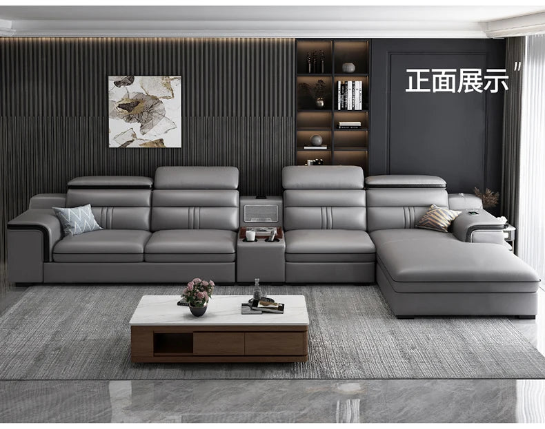Genuine Leather Sofa Cowhide Modern Wireless Charging Smart Audio Sofa Living Room Corner Combination Divano Home Furniture