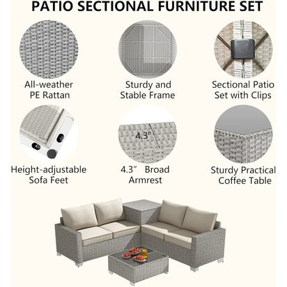 4-Seater All-Weather Outdoor Patio Furniture Set with Storage & Table, L-Shaped Sectional Sofa & Corner Couch - PE Rattan Wicker
