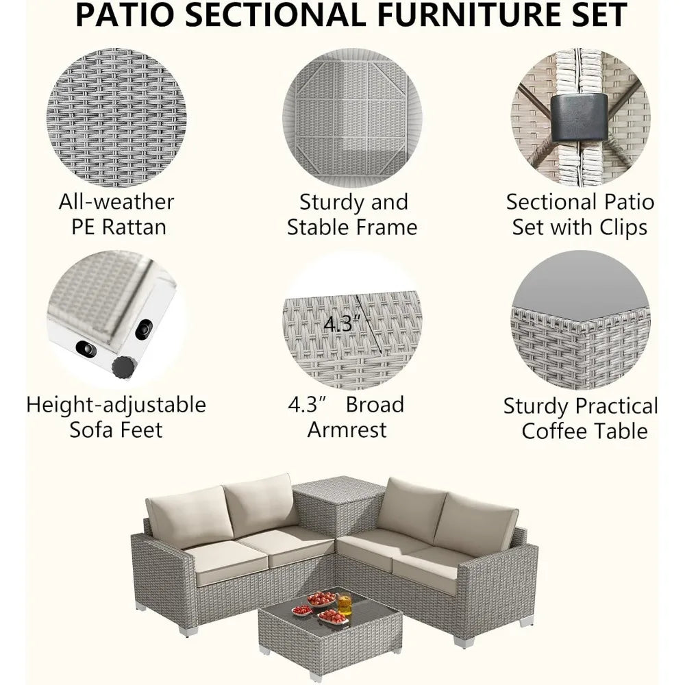 4-Seater All-Weather Outdoor Patio Furniture Set with Storage & Table, L-Shaped Sectional Sofa & Corner Couch - PE Rattan Wicker