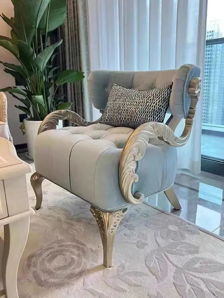 WWAmerican Light Luxury Wood Carved Couch Living Room Balcony Bedroom Fabric Craft Single Sofa Leisure