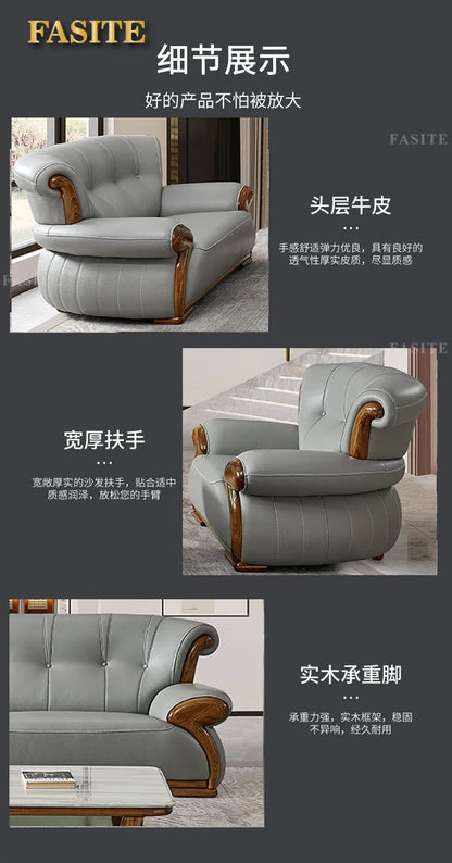 Ebony leather sofa modern light luxury high-end living room villa first layer cowhide solid wood new Chinese-style small
