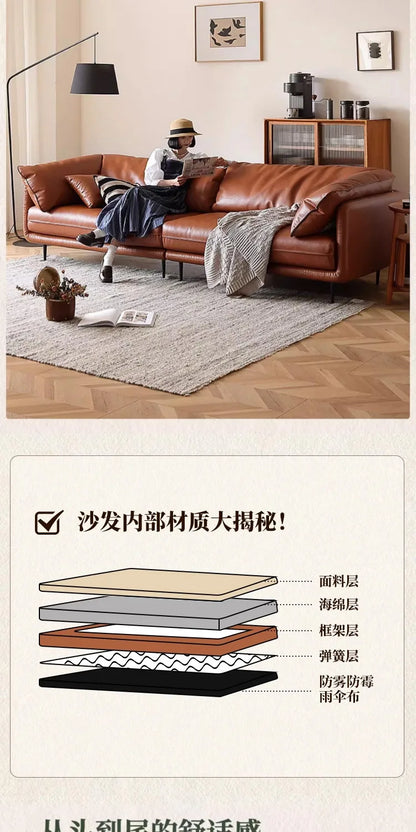 Retro oil wax leather sofa down large living room Nordic simple medium and ancient style straight row leather art sofa