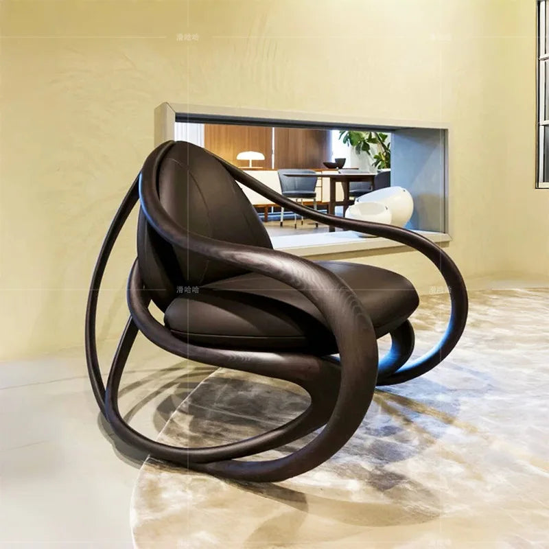 Black walnut leather balcony lazy chair villa living room leisure solid wood rocking chair