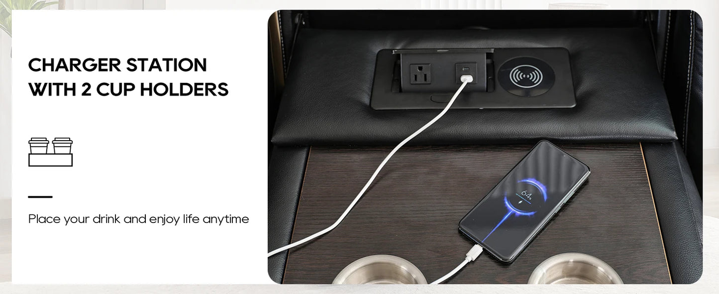 3 Seats Manual Reclining Sofa with Wireless Charger,LED Floor Lights, Drop-down Table, USB/Type-C Port (M073)