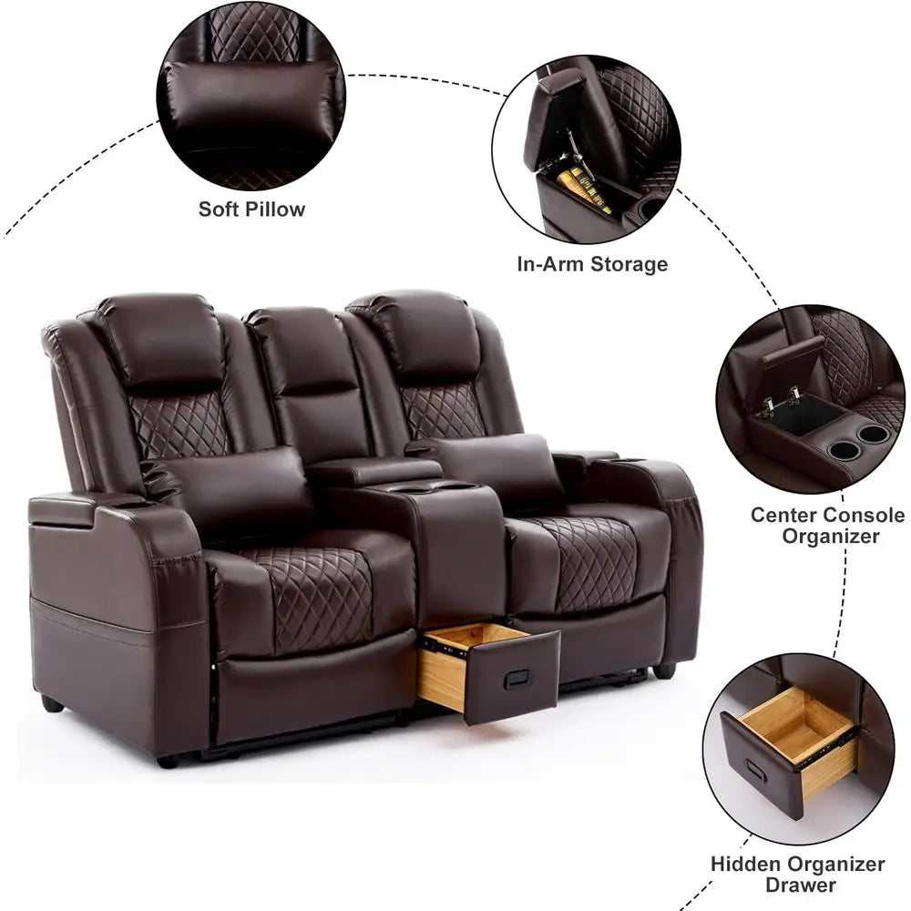 Brown Leather Loveseat Recliner with Double Recline, Center Console, and 2 Pillows for Comfortable Seating