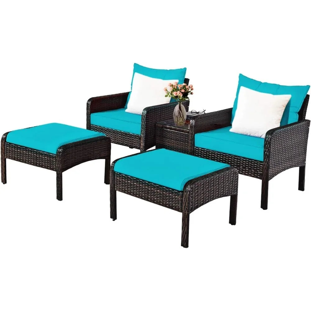 Wicker Furniture 5-Piece PE Wicker Rattan Outdoor Cushioned Sofa & Ottoman Set for Lawn, Pool, Balcony & Conversation A