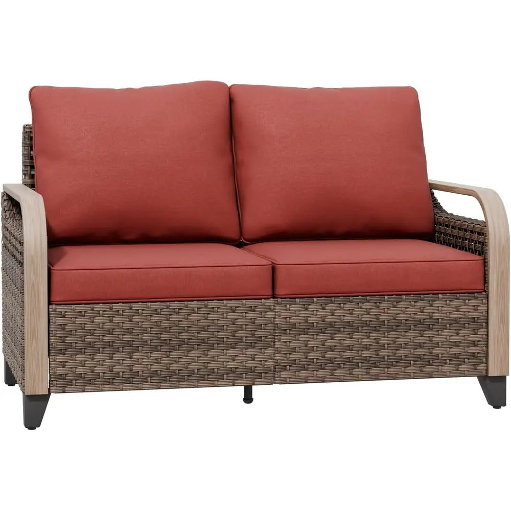 2 Seat Outdoor Sofa with Cushions, Patio Garden Furniture, Deck Backyard, 500 lbs Capacity, Brown/Red