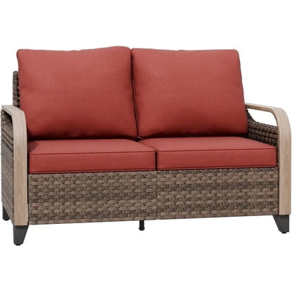 2 Seat Outdoor Sofa with Cushions, Patio Garden Furniture, Deck Backyard, 500 lbs Capacity, Brown/Red
