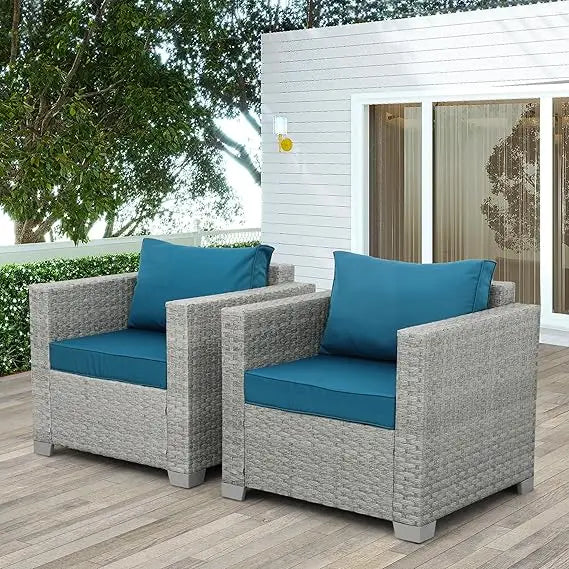WAROOM Outdoor Sofa Wicker Patio Chairs Set of 2, Porch Single Chair Grey Rattan Deep Seating Armchair Balcony Furniture with Pe
