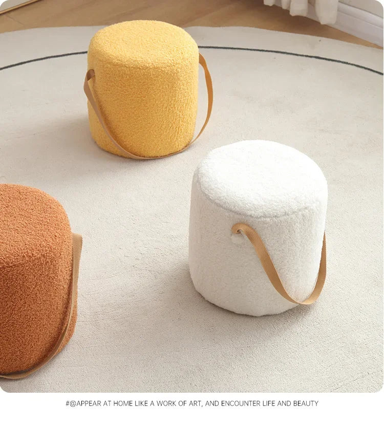 Lamb Velvet Round Stool for Living Room, Multi-Purpose Ottoman for Sofa & Coffee Table, Compact Home Decor Stool