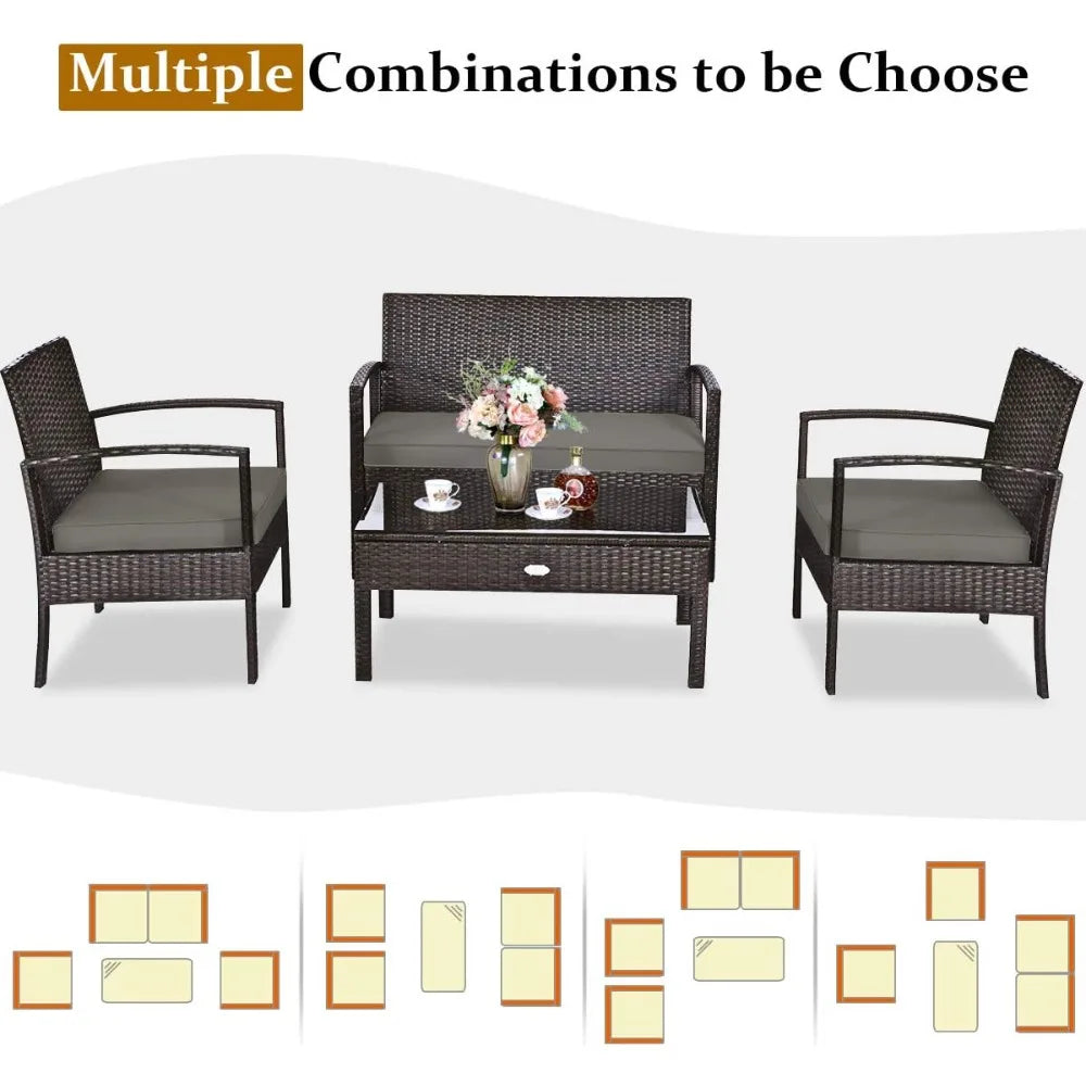 Outdoor Conversation Set 4 Pieces Patio Furniture, Wicker Patio Chair Sofa Set with Water-Resistant Dark-Brown Cushion & Tempere