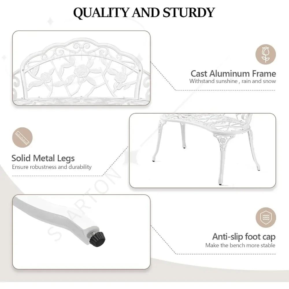Outdoor patio bench, cast aluminum frame with antique finish, a garden rose bench