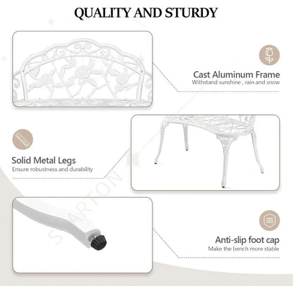 Outdoor patio bench, cast aluminum frame with antique finish, a garden rose bench