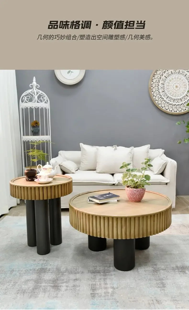 New arrivals pastoral style living room furniture rustic round wood carved coffee table with 3 legs