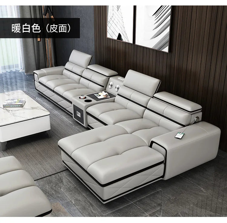 Simple and modern leather sofa combination large apartment living room L-shaped corner function headrest few fully