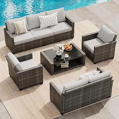 5 Piece Outdoor Patio Furniture Sets, Wicker Conversation Set for Porch Deck, Gray Rattan Sofa Chair with Blue Cushion, Brown