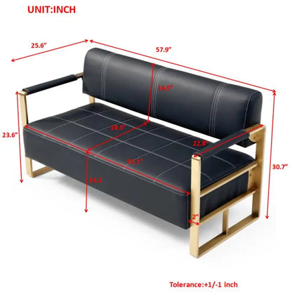 57.9" Modern Faux Leather Loveseat Sofa for Living Room, Office, or Studio - 2 Seater Couch with Gold Metal Arms, Black