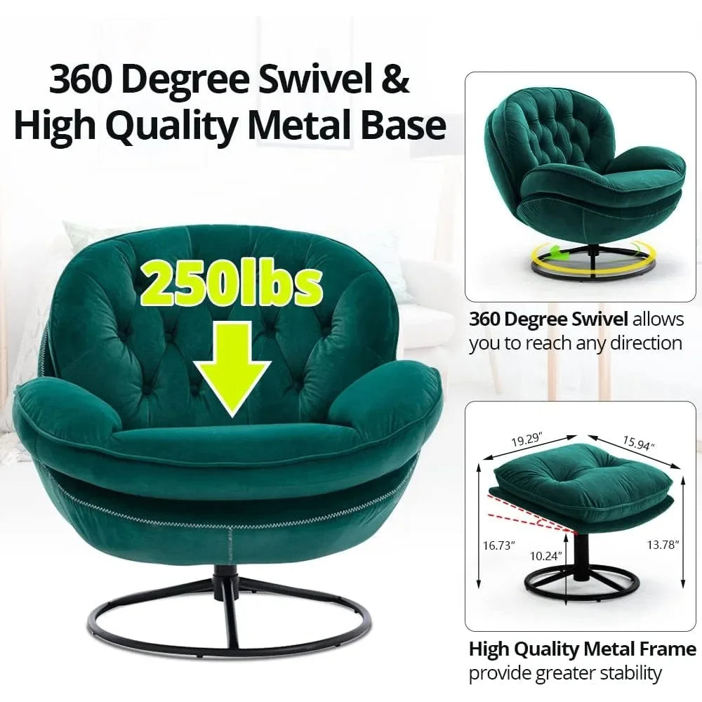 luxurious velvet swivel chair and ottoman set, contemporary lounge chair with metal frame and footrest, cozy single relaxation s