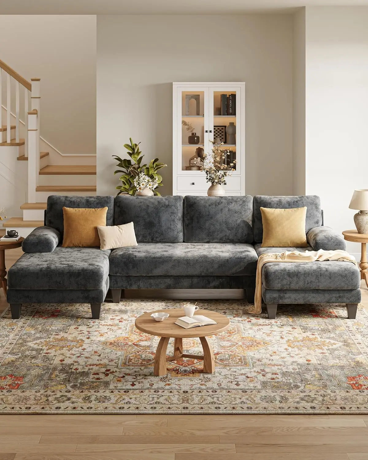 U-Shaped Sectional Couch Double Chaise Chenille Upholstery 112in Modern Living Room Apartment, Customized
