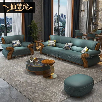 New leather sofa modern simple light luxury ebony solid wood new Chinese small apartment living room popular furniture