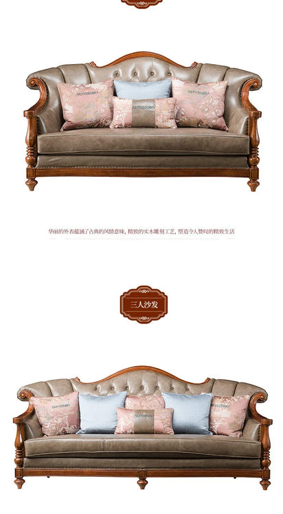 QQ132 American Style Genuine Leather Art Solid Wood Sofa Country  Light Luxury Retro European Style Combination Carved Solid Woo