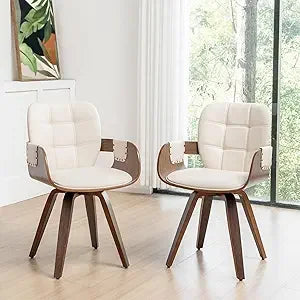Set of 2 Mid Century Modern Chairs - Swivel Dining Chairs with Arms and Curved Back, Faux Leather Reception Room Chairs, Ideal f