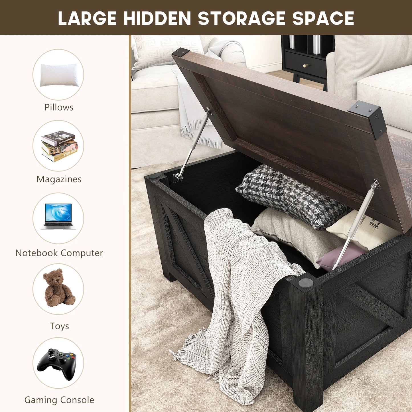 35.6"/40'' Lift Top Coffee Table with Storage, Square Coffee Table for Living Room, Farmhouse Coffee Table with Large Hidden