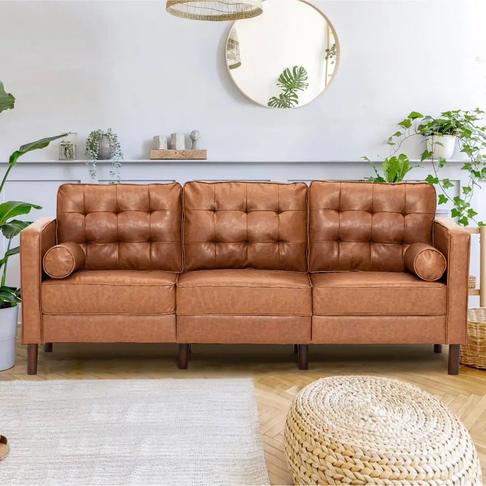 Brown Premium 3-Seater Faux Leather Sofa with Tufted Back & 2 Pillows for Living Spaces