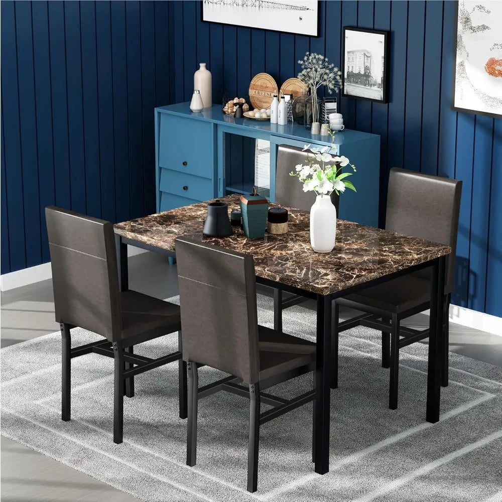 4-piece Dining Table and Chair Set, 5-piece Modern Dining Room Dining Table Set with Faux Marble Top and PU Leather Chairs