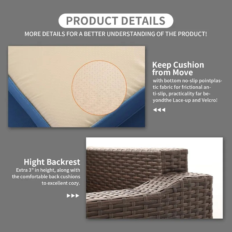 3-Seat Patio Wicker Sofa, Outdoor Rattan Couch Furniture Steel Frame with Furniture Cover and Deep Seat High Back, Blue