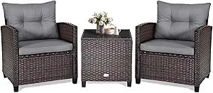 3 Piece Patio Furniture Set, Outdoor Conversation Set with Washable Cushions & Tempered Glass Tabletop, PE Rattan Wicker Bistro