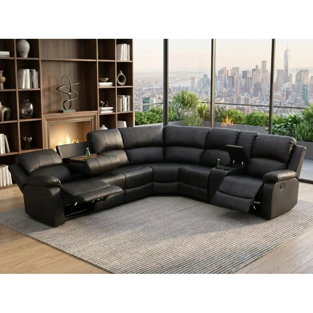 Manual Recliner Sectional Soa Set, aux Leather Reclining Sectional Couch with Cup Holders & Storage ole, L Shape Manual Sectiona