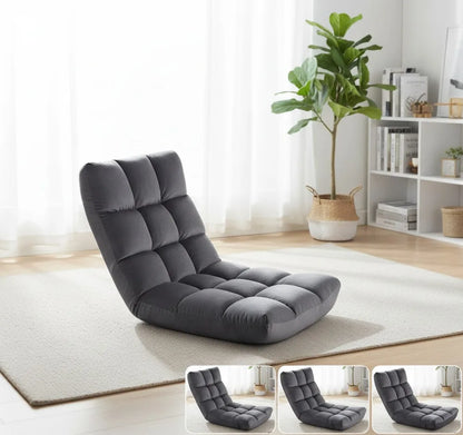 Adjustable Floor Folding Chair with Back Support, Padded Recliner for Gaming and Lounging in Gray