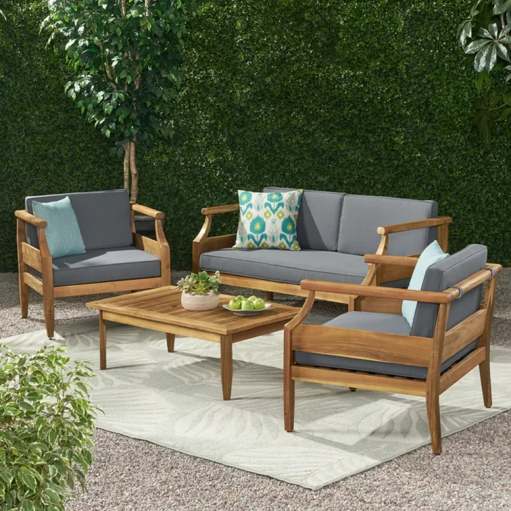 Outdoor Acacia Wood Lounge Armchair with Water Resistant Cushion, Modern Club Chair for Garden Patio Backyard Poolside