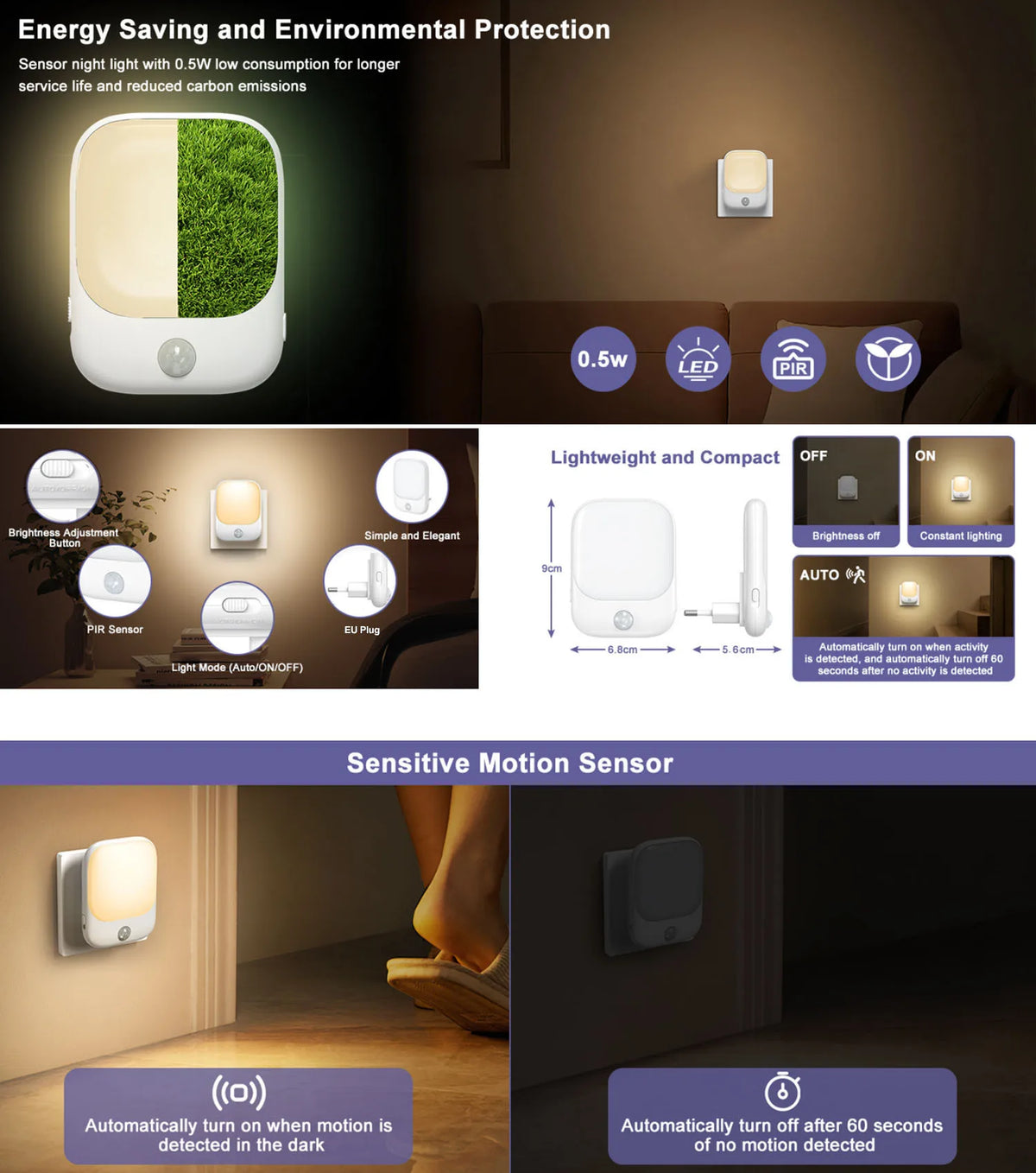 1pc/2pcs EU Plug in LED Motion Sensor Night Lights for Kids Bedroom Auto Dusk to Dawn Sensor Dimmable Wireless Cabinet Lamp