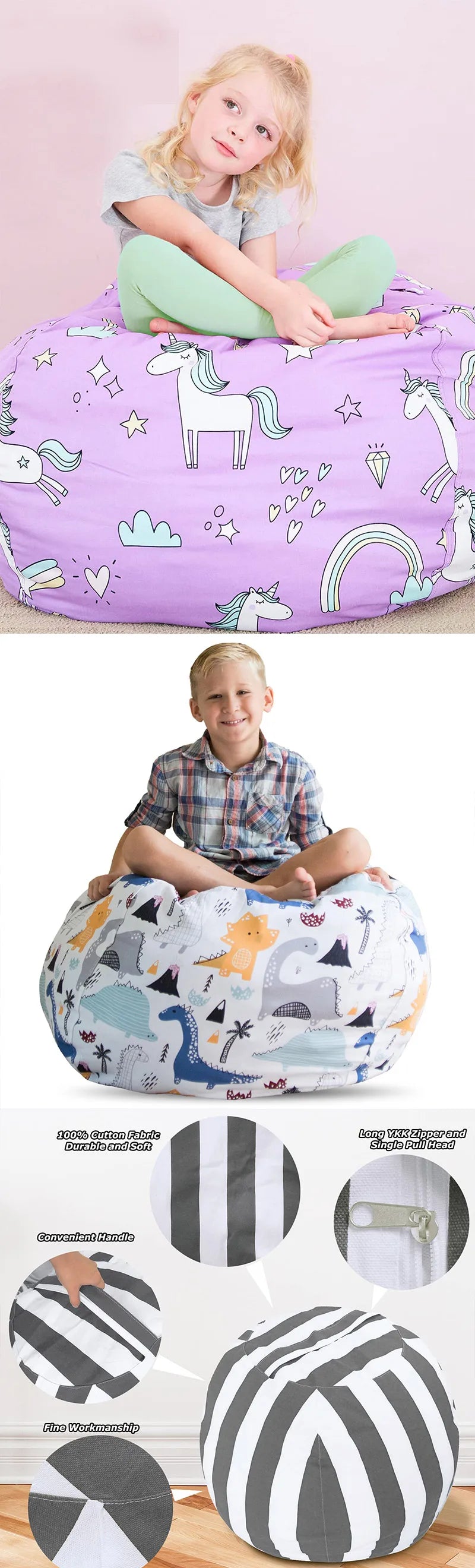 Printed Children's Plush Toy Storage Beanbag Set Comfortable Lazy Sofa Beanbag Storage Stuffed Chair Children's Toy Zipper