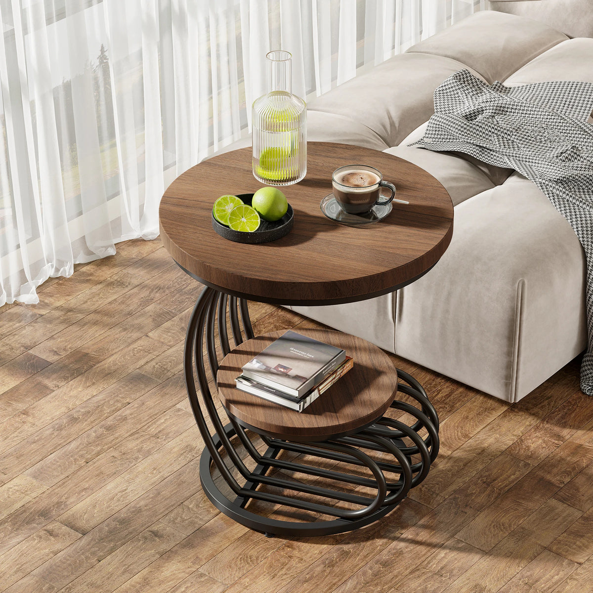 Tribesigns Gold Round End Table: 2 Tiers Faux Marble Side Table with Storage Shelf, Modern White Gold Bedside Nightstand